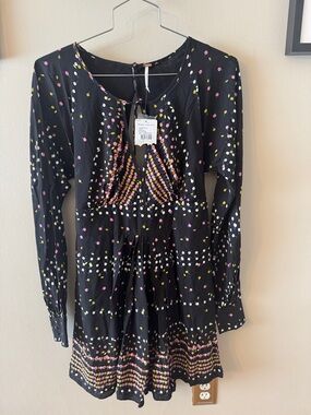 Free People Black Long-Sleeve Polka Dot Mini Dress